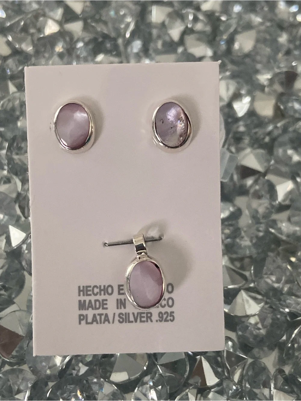 Sterling Silver 925 Pink Cat’s Eye Stone Earrings and Pendant Set